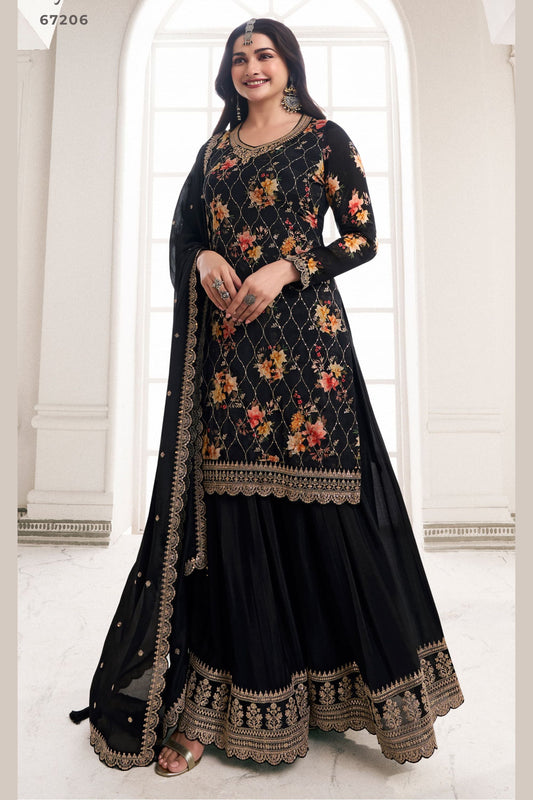 Black Chinon Silk - Embroidery Work, Print Work