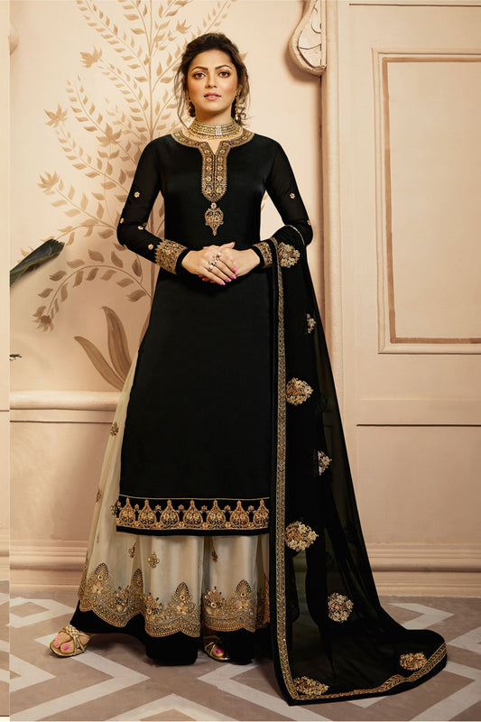 Black Satin Georgette Kameez with Palazzo