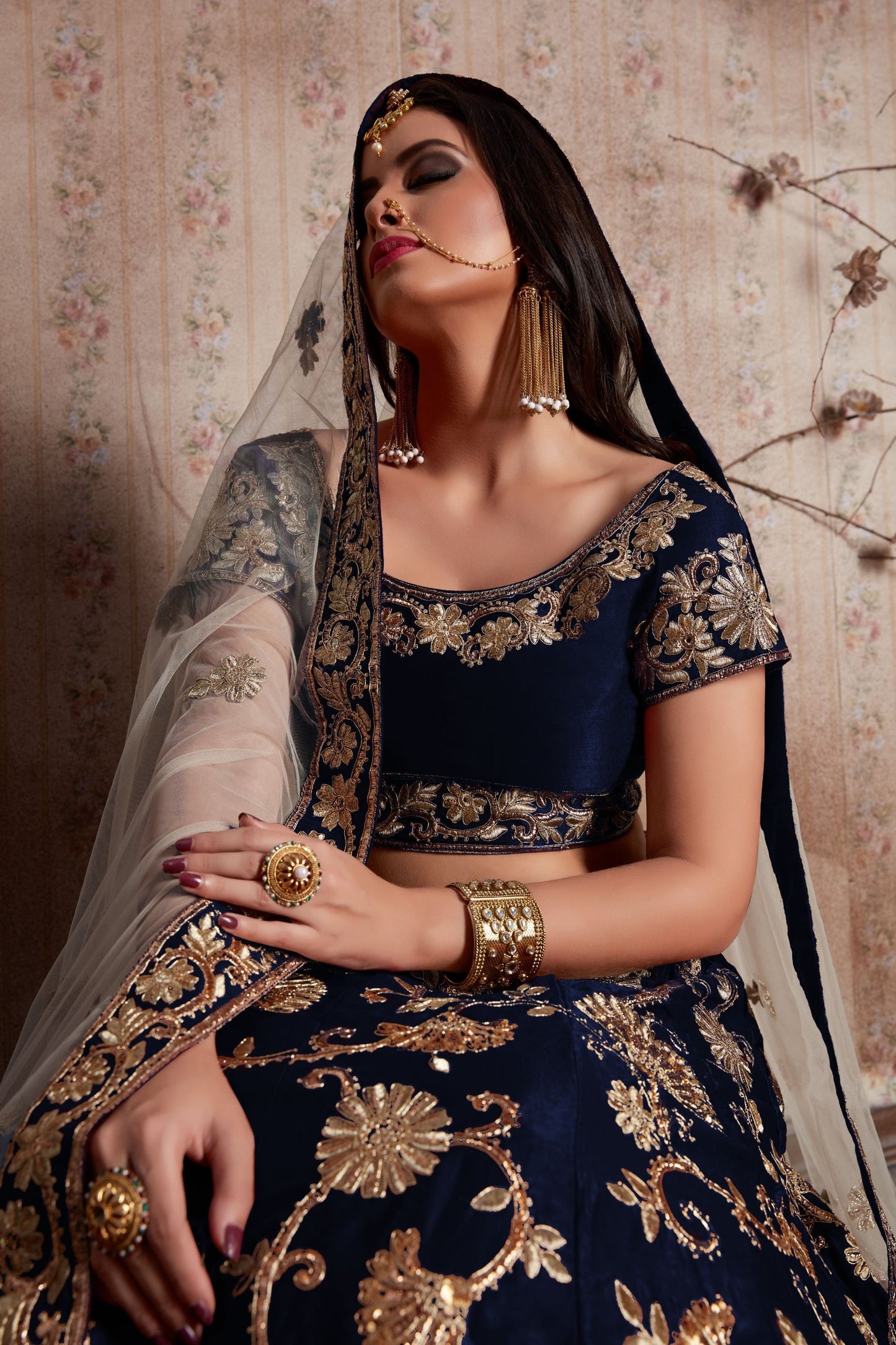 Blue Velvet Silk Lehenga Choli - Sequence Embroidery Work, Lace Work, Zari Work