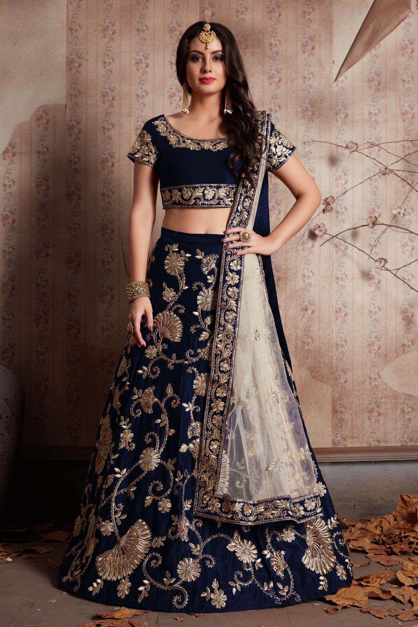 Blue Velvet Silk Lehenga Choli - Sequence Embroidery Work, Lace Work, Zari Work