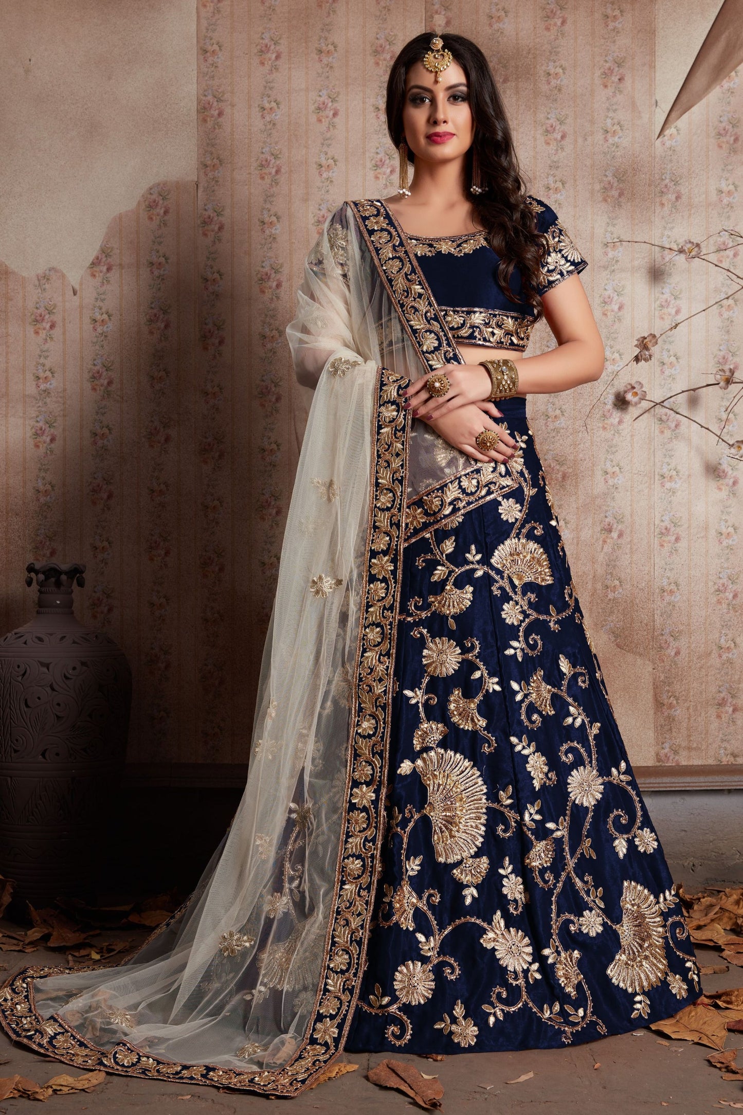 Blue Velvet Silk Lehenga Choli - Sequence Embroidery Work, Lace Work, Zari Work
