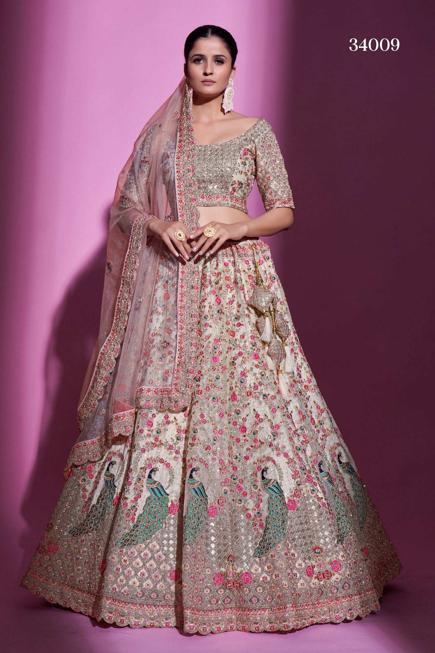 Cream Net Lehenga Choli - Sequence Embroidery Work, Stone Work, Dori Work