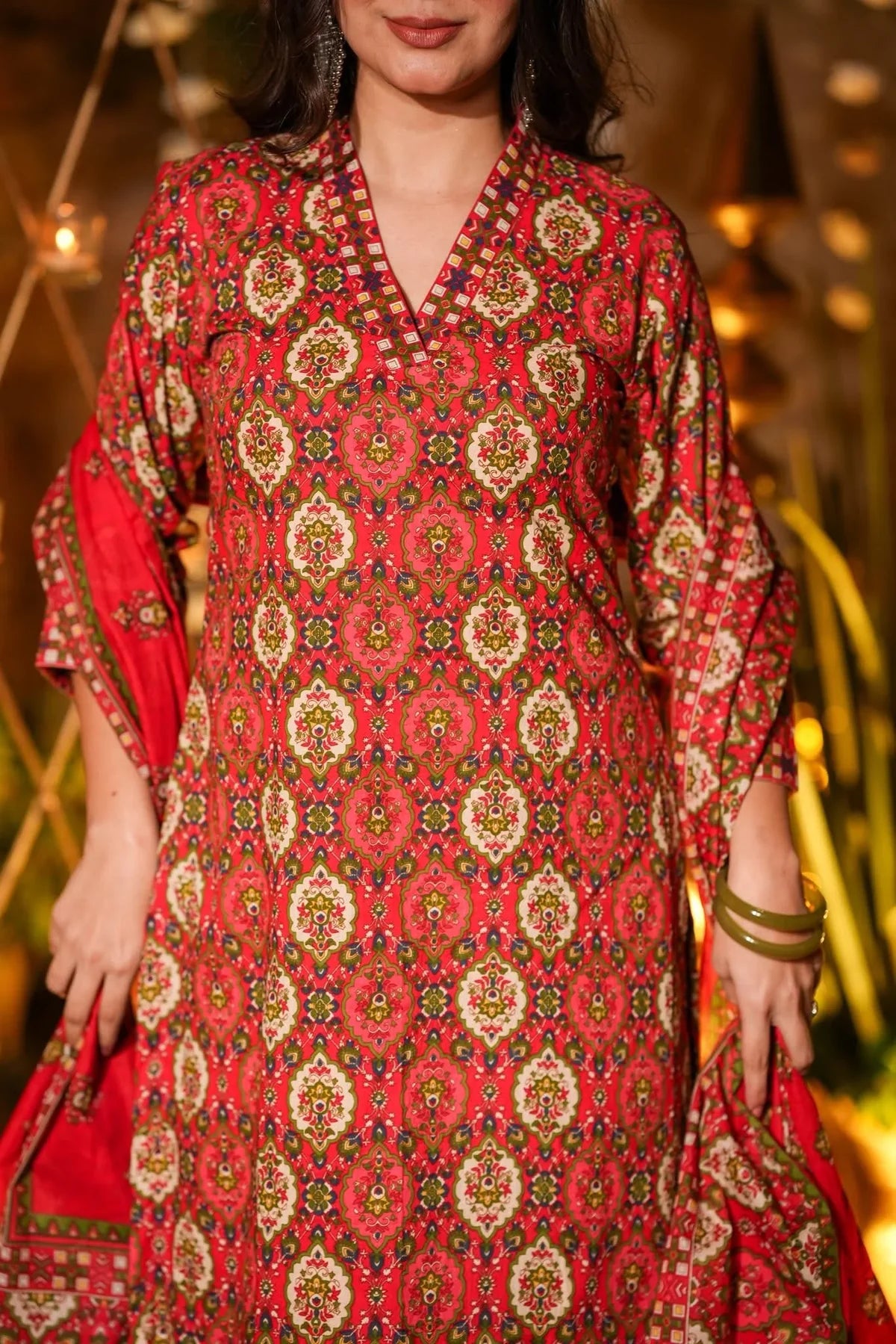CARMINE PRINTED COTTON KURTA SET