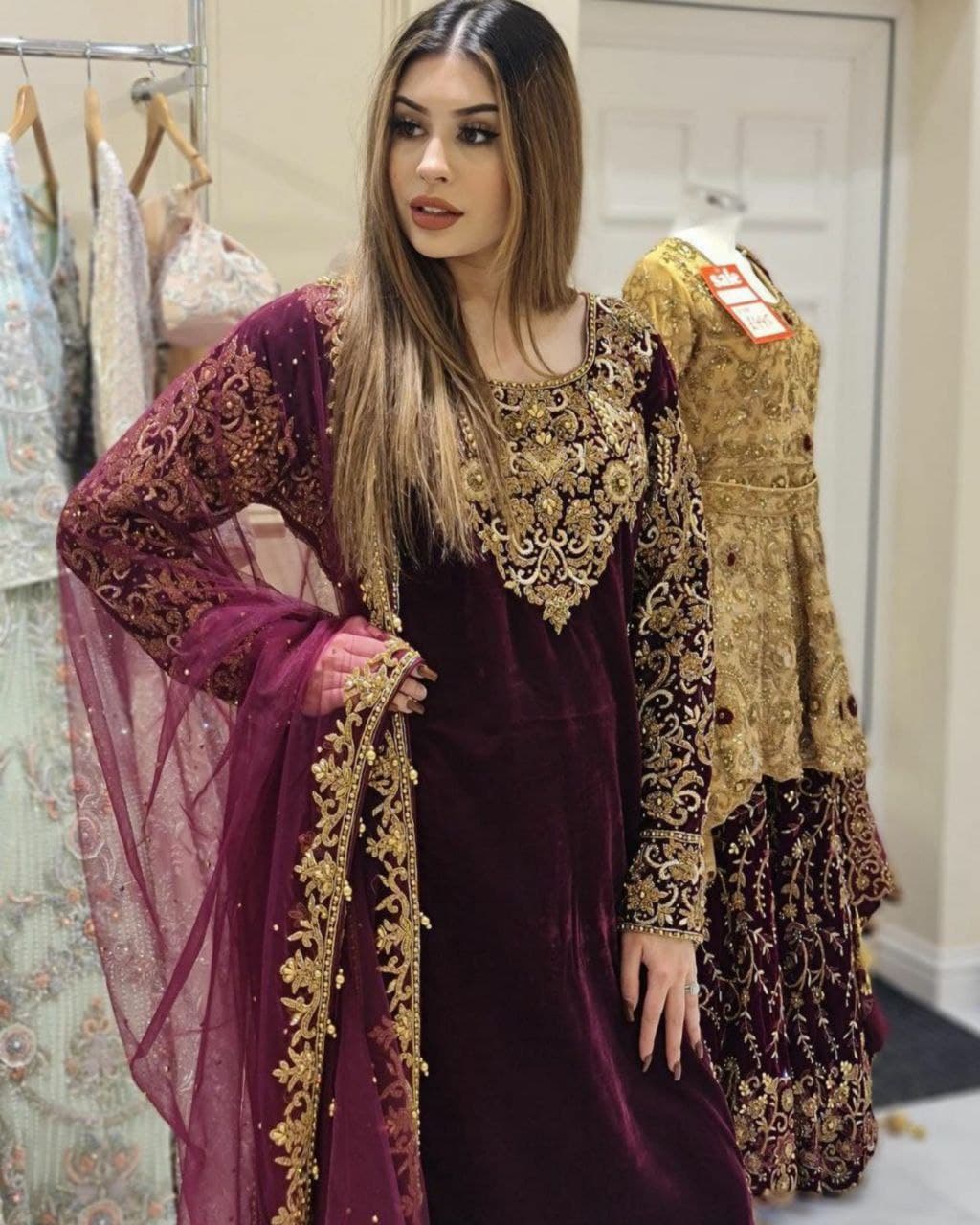 Aromatic Maroon & Black Micro Velvet Embroidery Work Pakistani Salwar Suit With Dupatta