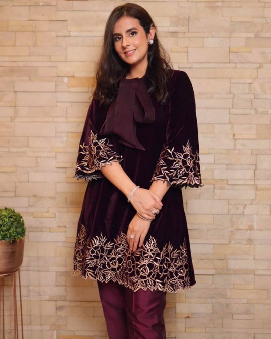Maroon Micro Velvet Embroidery Work Pakistani Suit With Dupatta