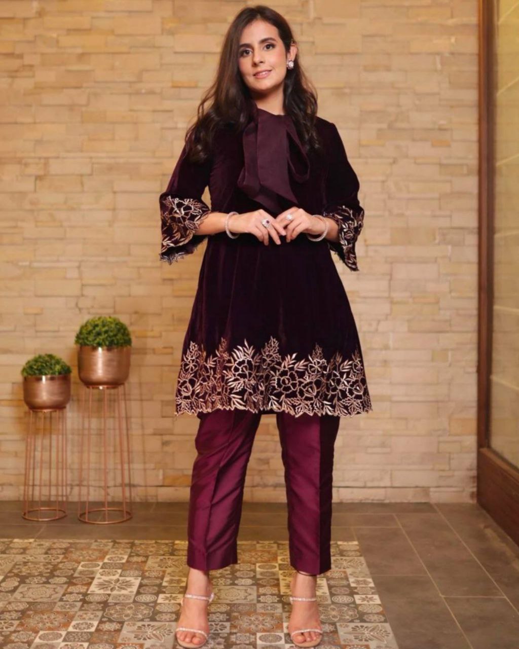 Maroon Micro Velvet Embroidery Work Pakistani Suit With Dupatta