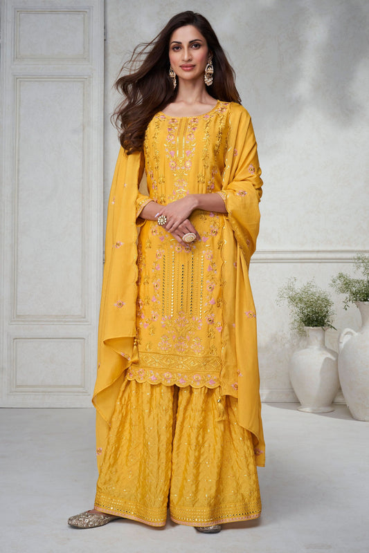 Golden Chinon Silk Sharara suit
