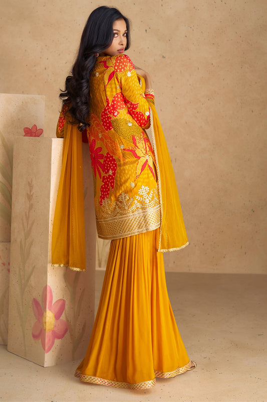 Golden Yellow Chinon Silk Flower Printed Sharara Suit