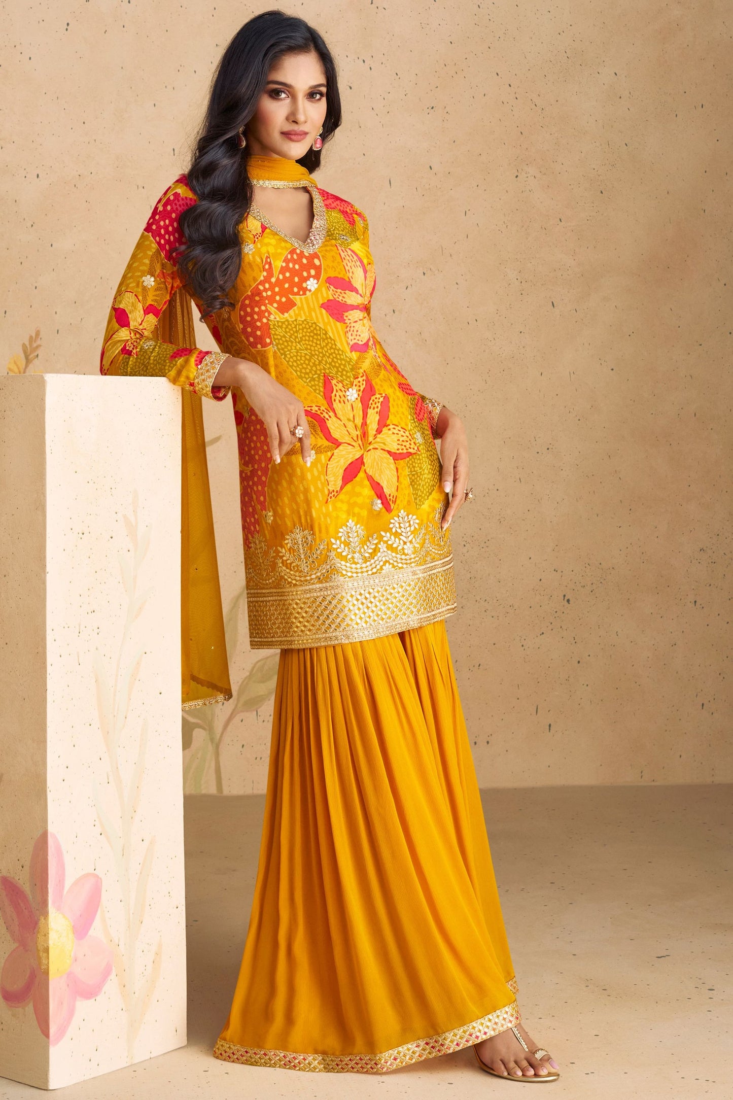 Golden Yellow Chinon Silk Flower Printed Sharara Suit