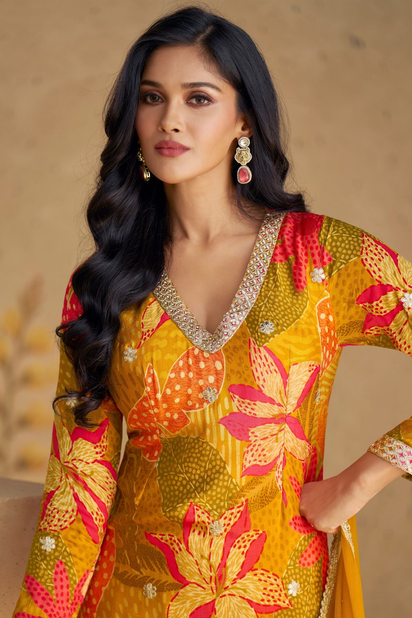 Golden Yellow Chinon Silk Flower Printed Sharara Suit