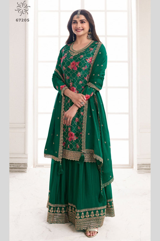 Green Chinon Silk  Floral Plazzo Suit