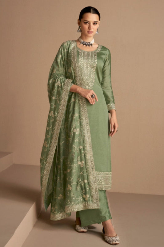 Green Chinon Silk salwar Suit