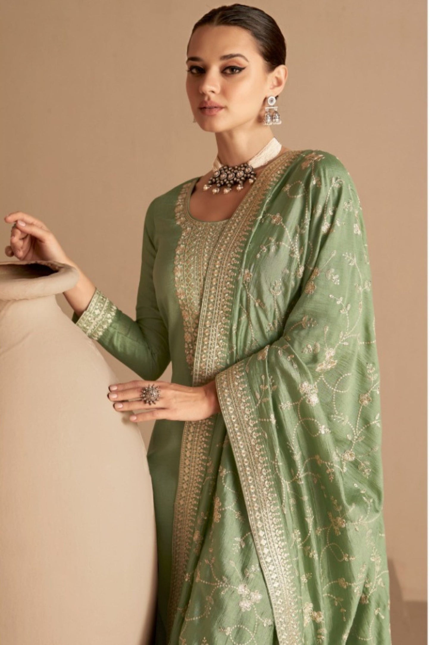 Green Chinon Silk salwar Suit