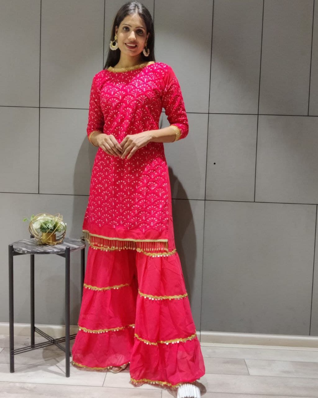 Rani Pink Color Pure Georgette Embroidery Work Sharara Suit