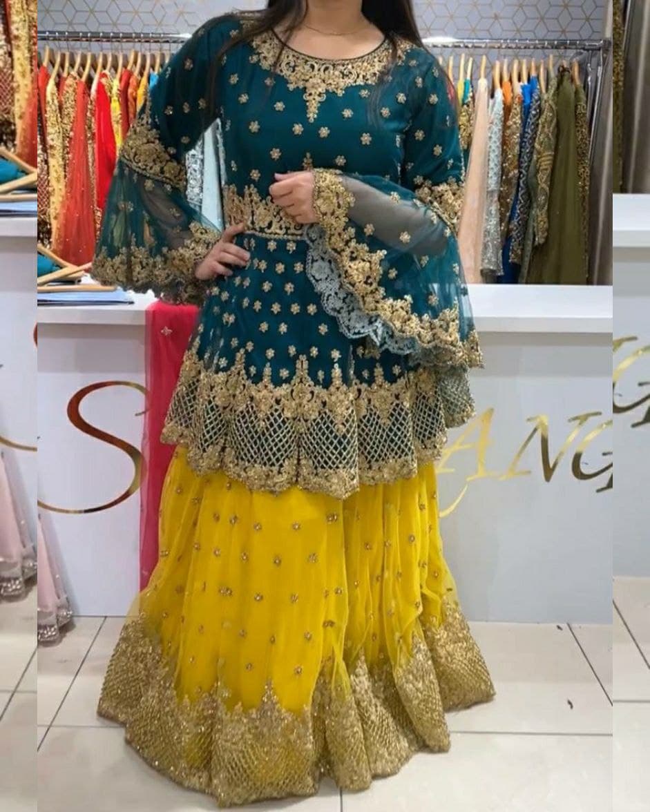 Blue & Yellow Butterfly Mono Net Embroidery Work Lehenga Choli