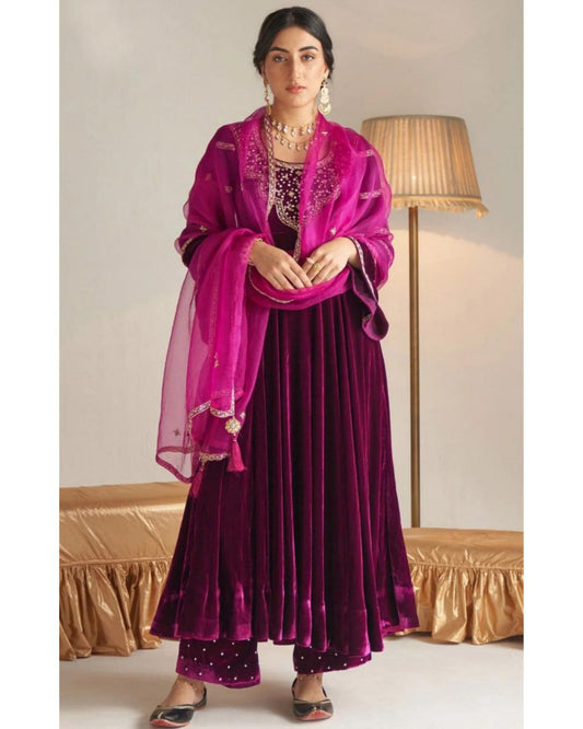 Beautiful Wine Micro Velvet Embroidery Work Anarkali Suit