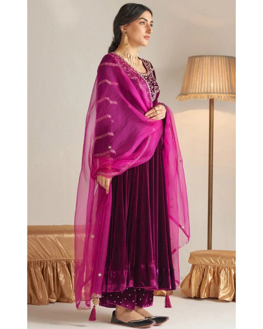 Beautiful Wine Micro Velvet Embroidery Work Anarkali Suit