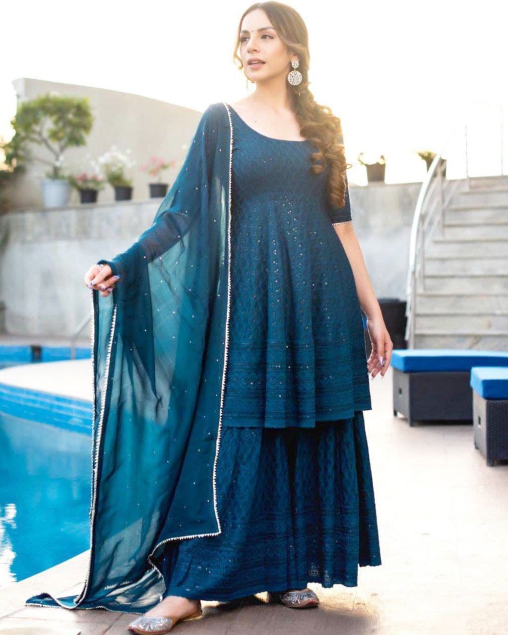 Aromatic Georgette Embroidery Work Palazzo Suit With Dupatta
