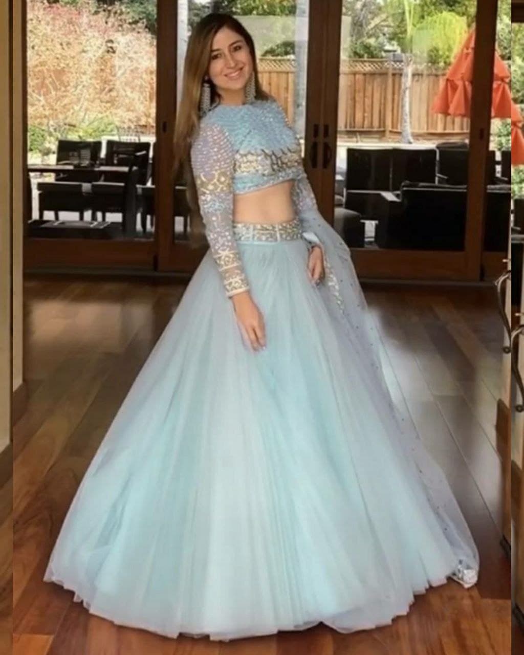 Sky Blue Butterfly Mono Net Chain Sequence Work Lehenga Choli