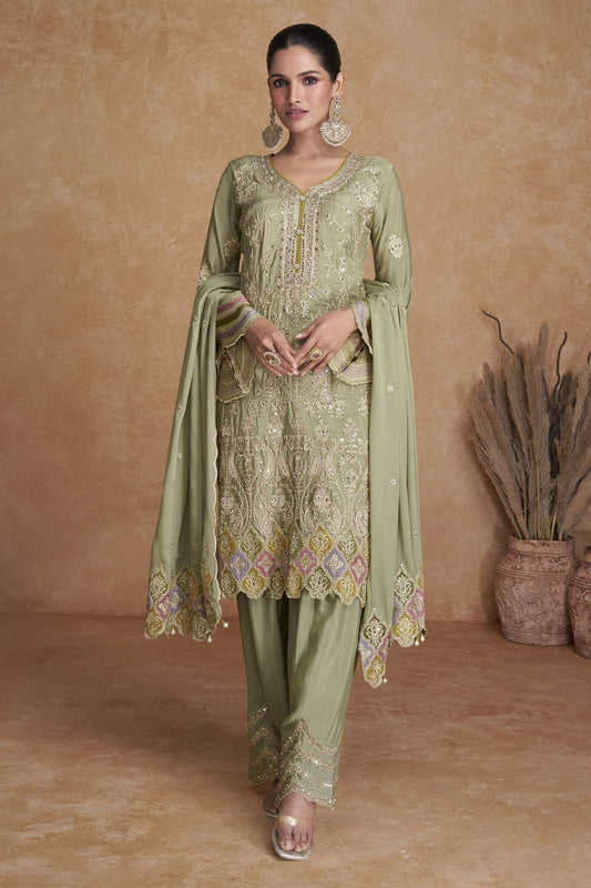 Light Green Chinon Silk Plazzo Suit
