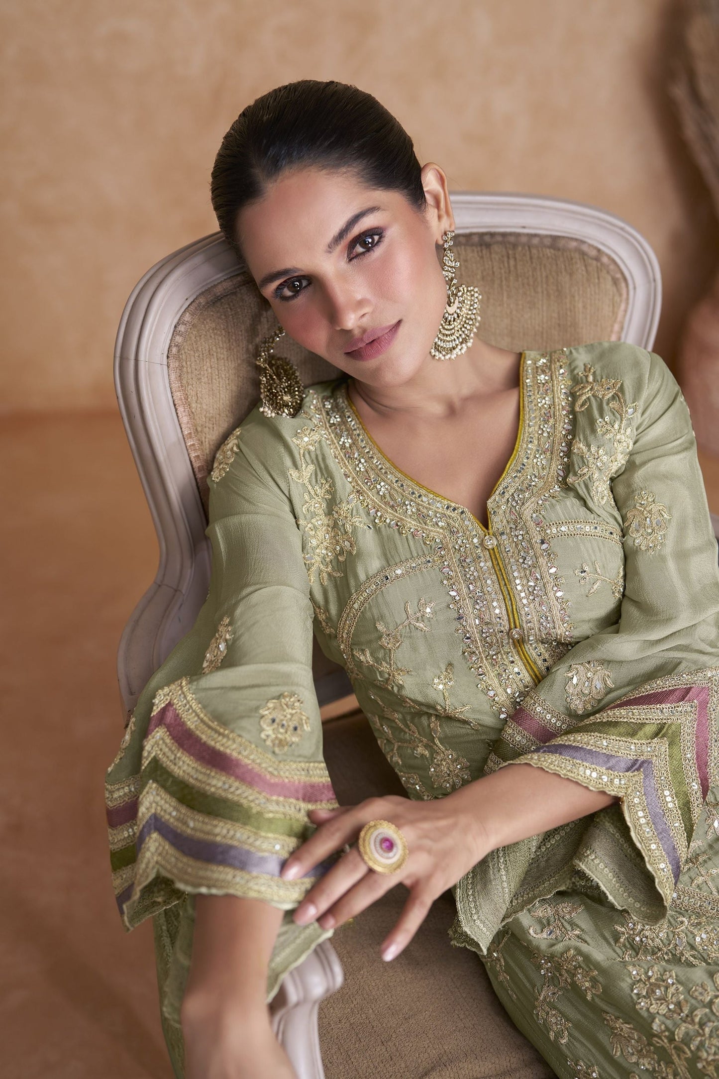 Light Green Chinon Silk Plazzo Suit