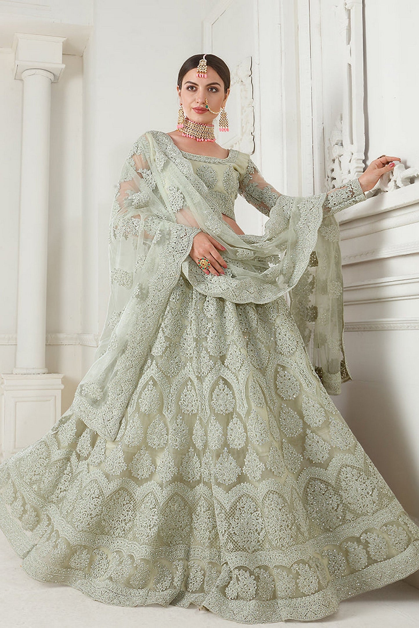 Light Green Net Lehenga Choli - Thread Embroidery Work, Codding Embroidery Work, Butta Work, Stone Work