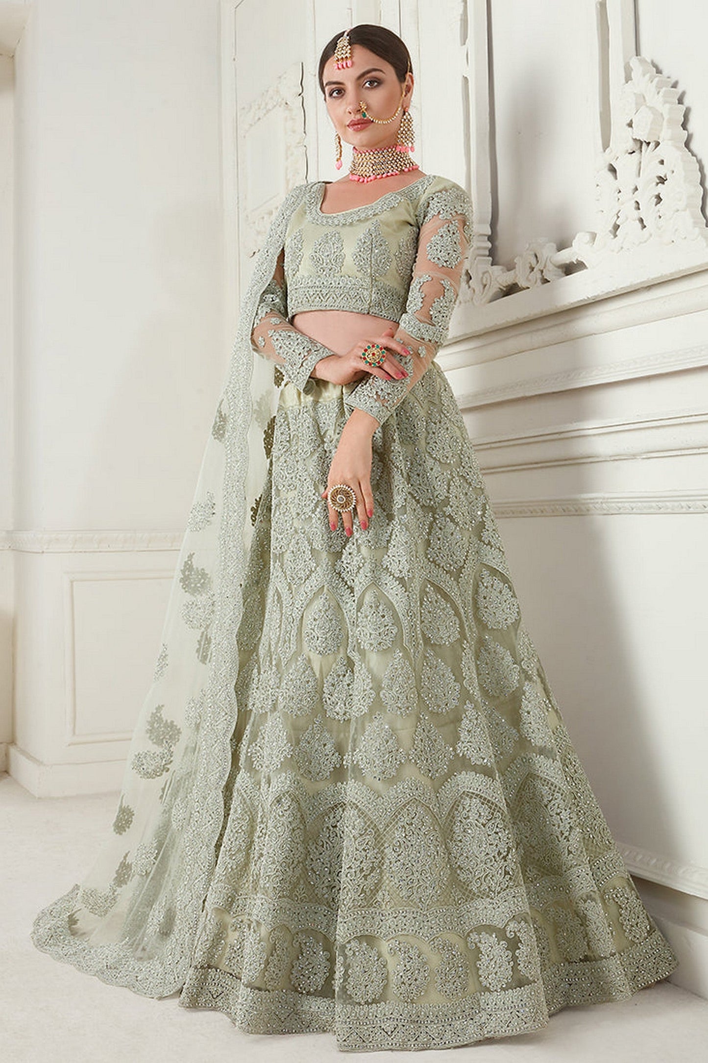 Light Green Net Lehenga Choli - Thread Embroidery Work, Codding Embroidery Work, Butta Work, Stone Work