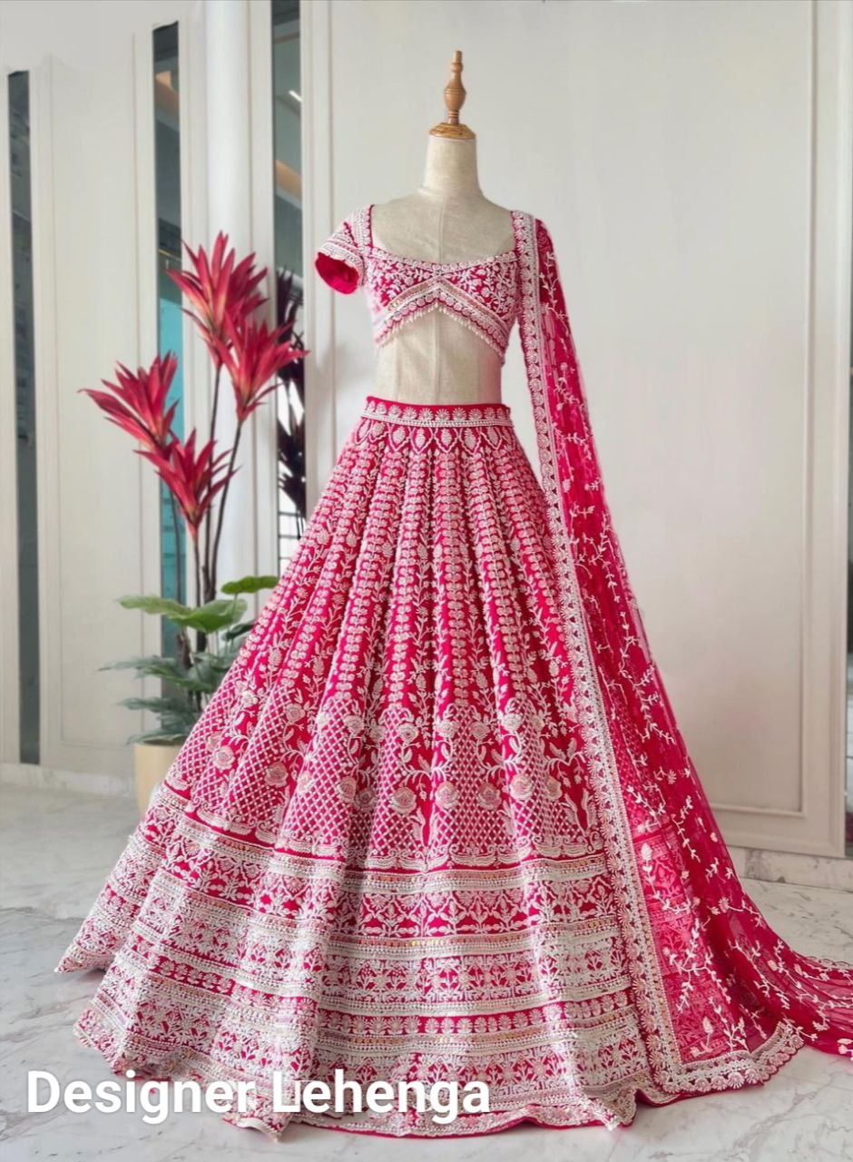Rose Pink Party Wear Lucknowi Work Lehenga Choli With Net Dupatta