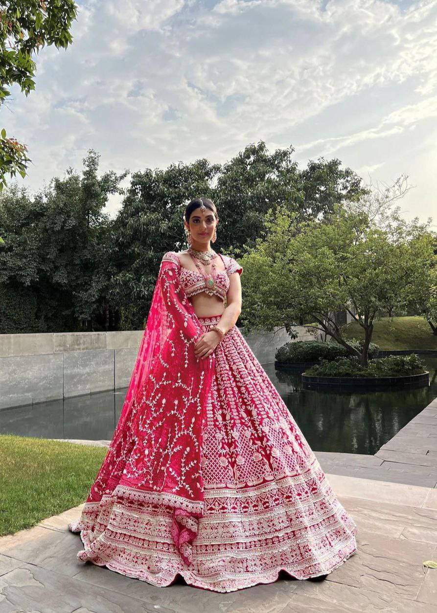 Rose Pink Party Wear Lucknowi Work Lehenga Choli With Net Dupatta