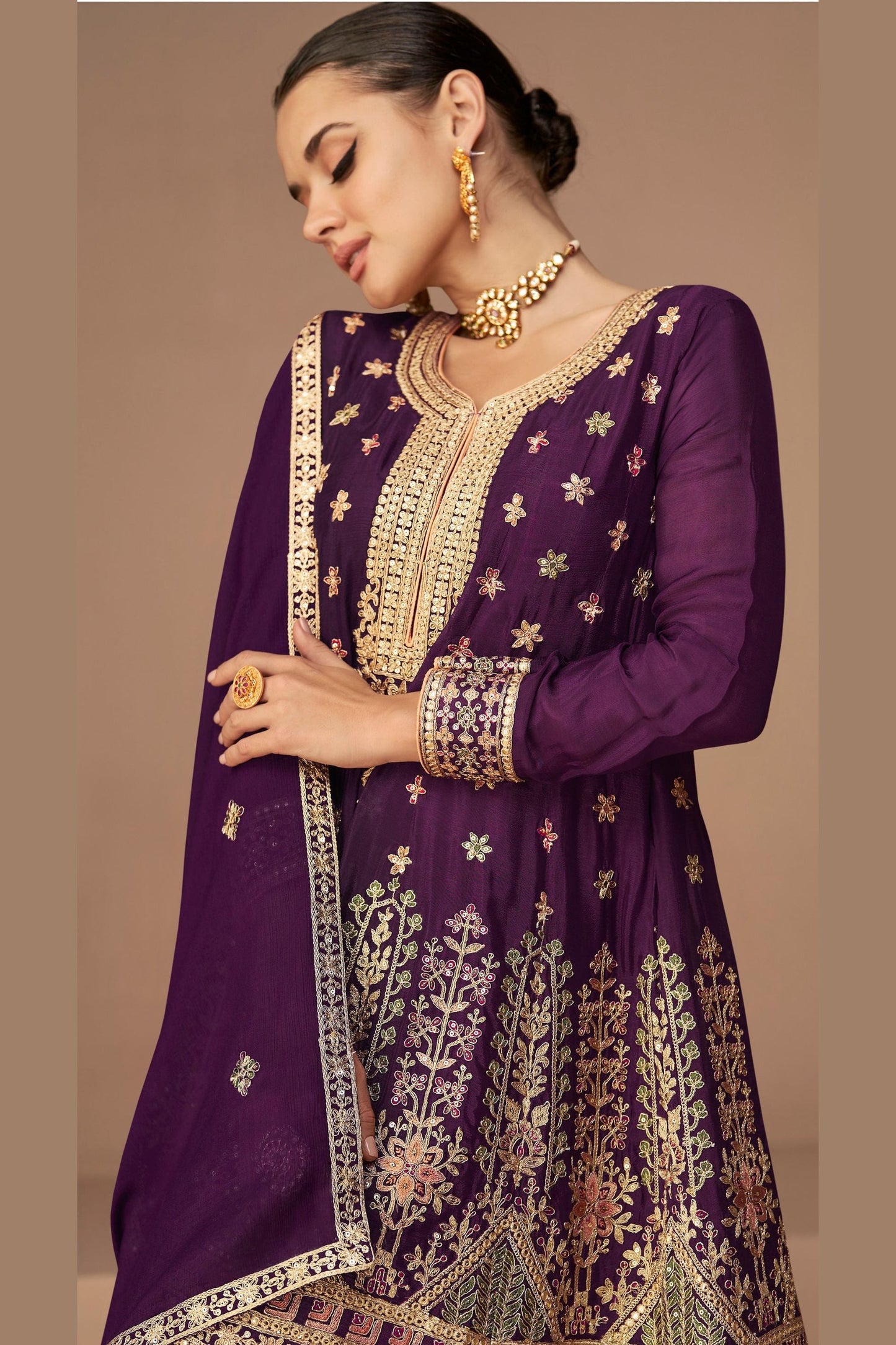 Maroon Chinon Silk salwar suit
