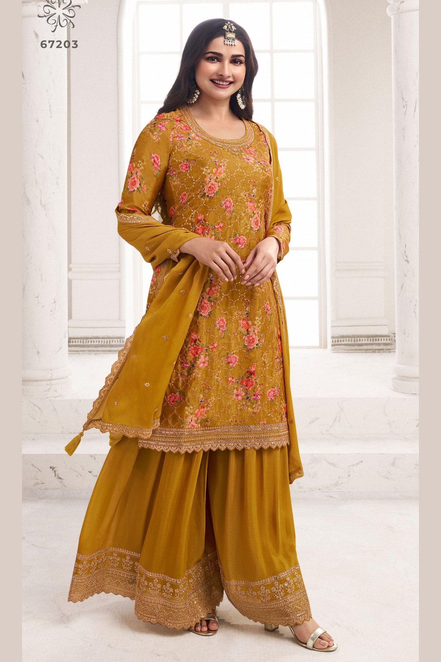 Mustard Chinon Silk  Floral Plazzo Suit