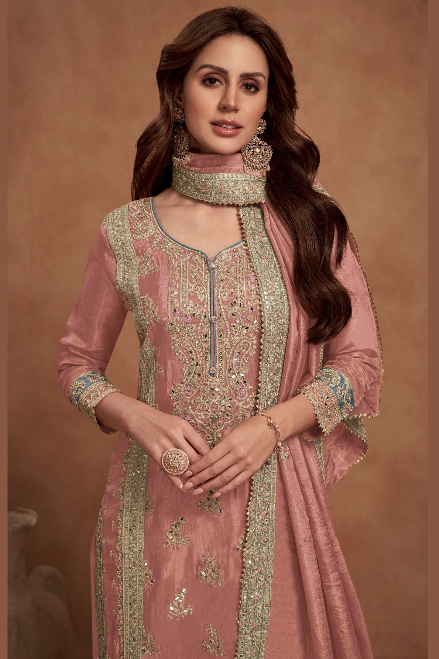 Peach Simmer Silk Plazzo Suit