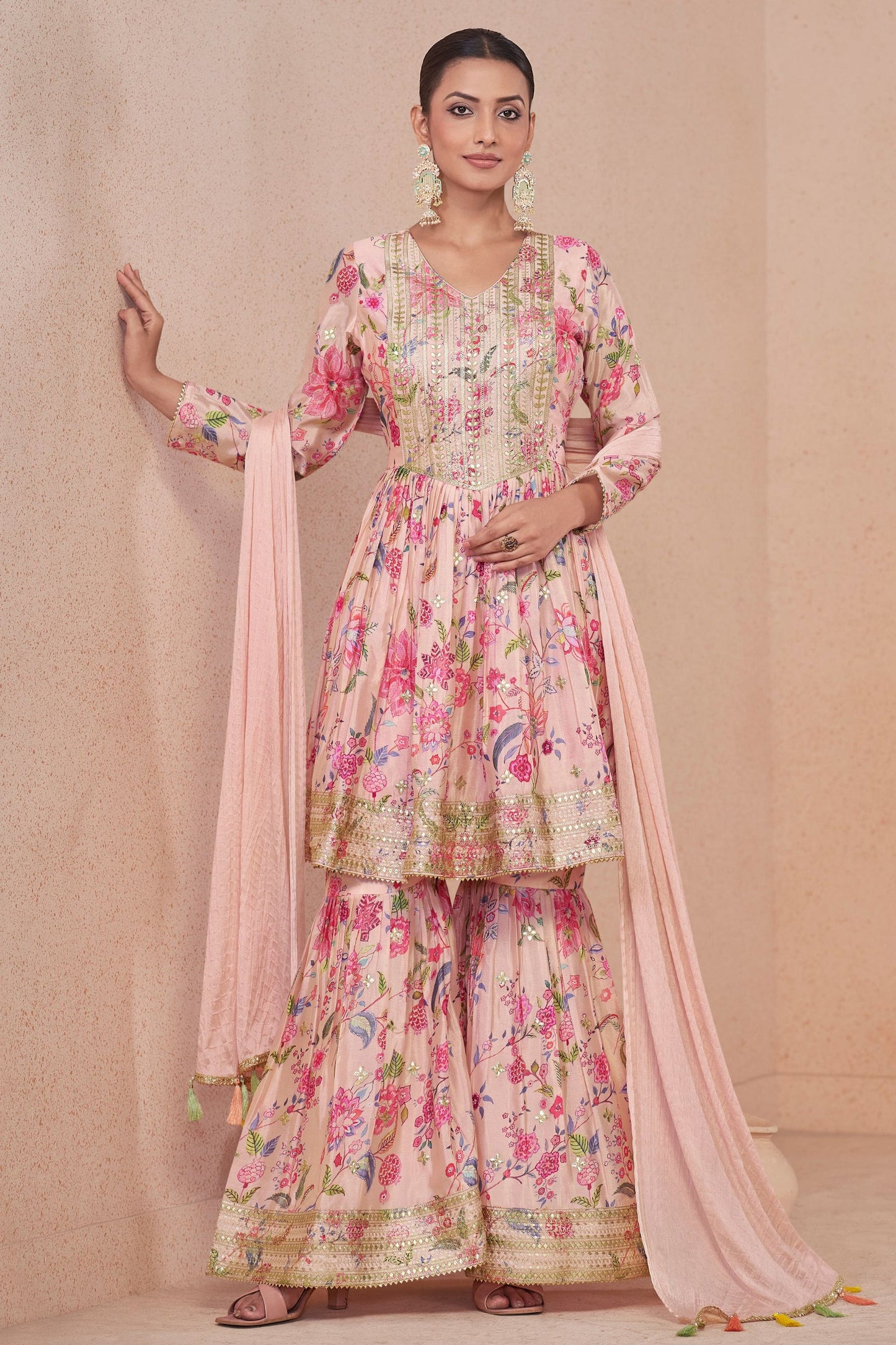 Pink Chinon Silk Flower Floral Printed Sharara Suit
