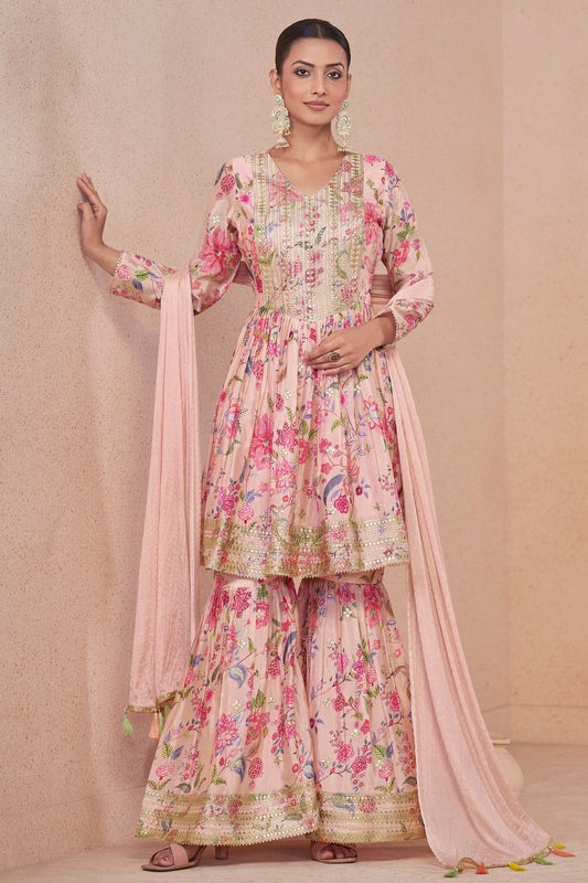 Pink Chinon Silk Flower Floral Printed Sharara Suit