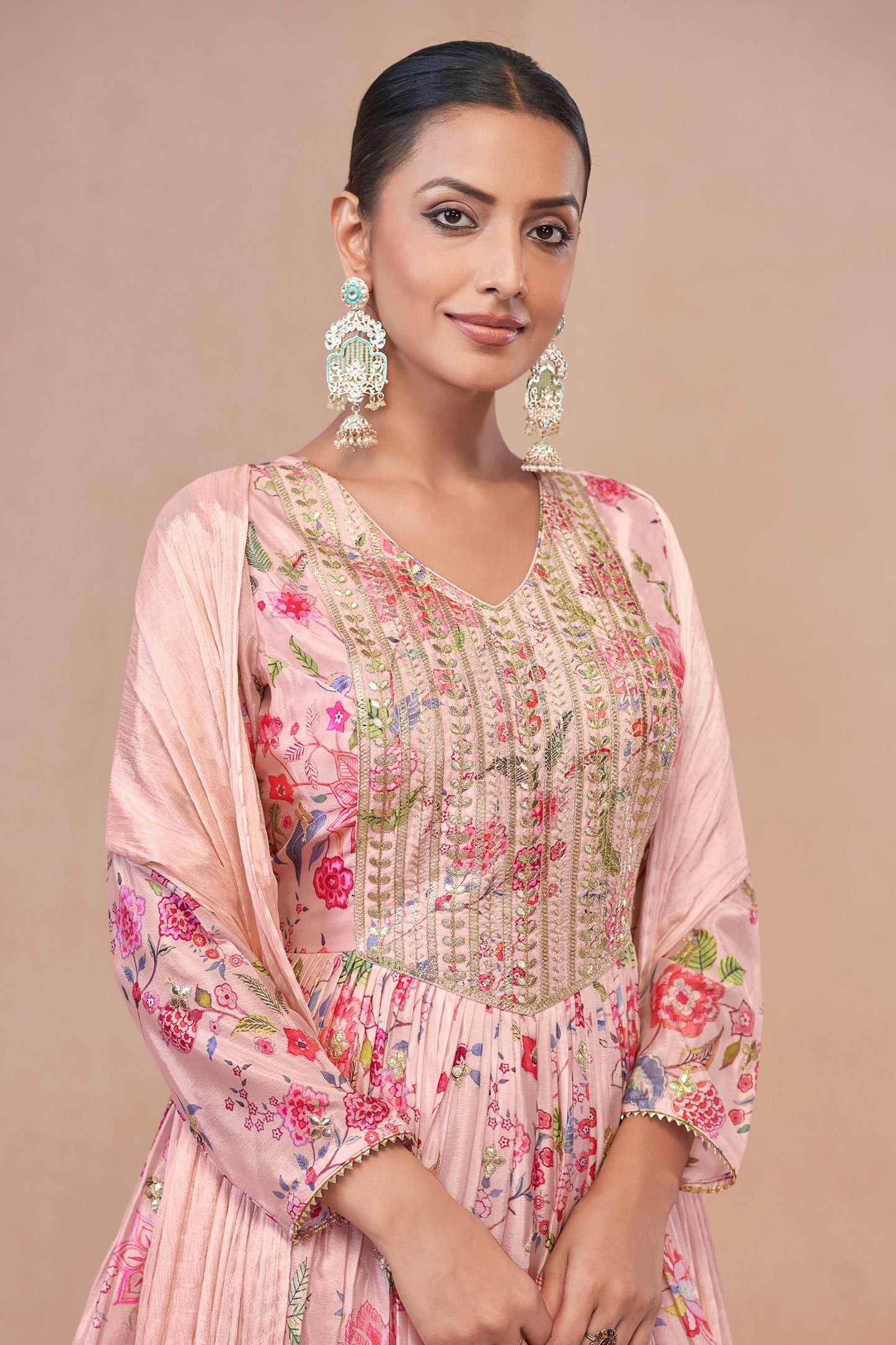 Pink Chinon Silk Flower Floral Printed Sharara Suit