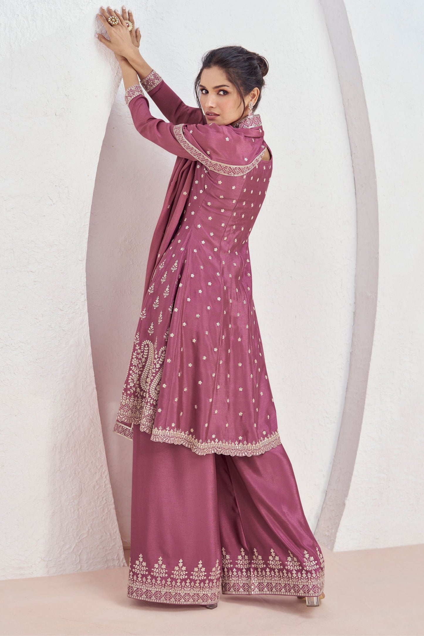 Pink Chinon Silk Palazzo Suit