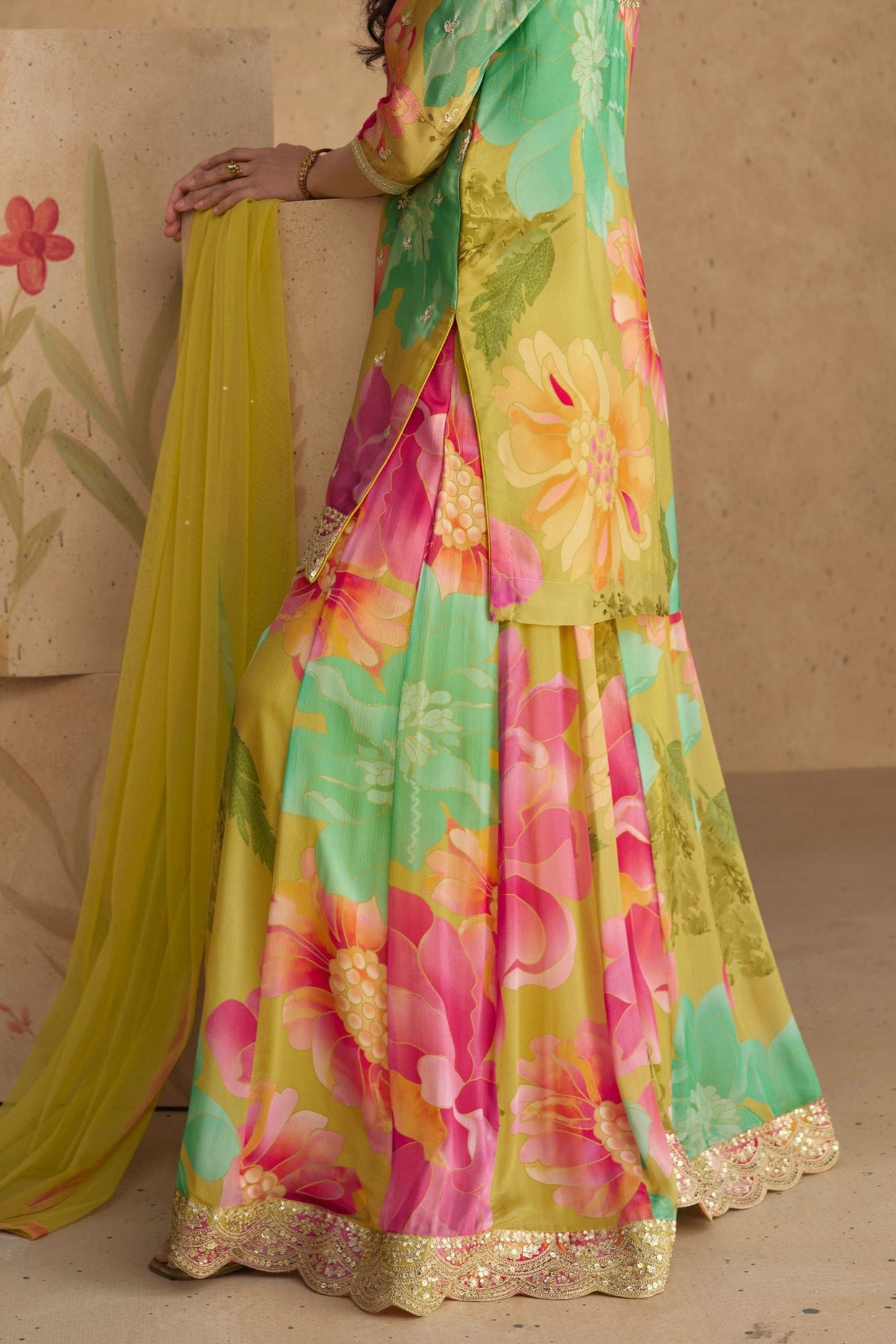 Multicolor Green Chinon Silk Flower Printed Palazzo Suit - Print Work, Embroidery Work