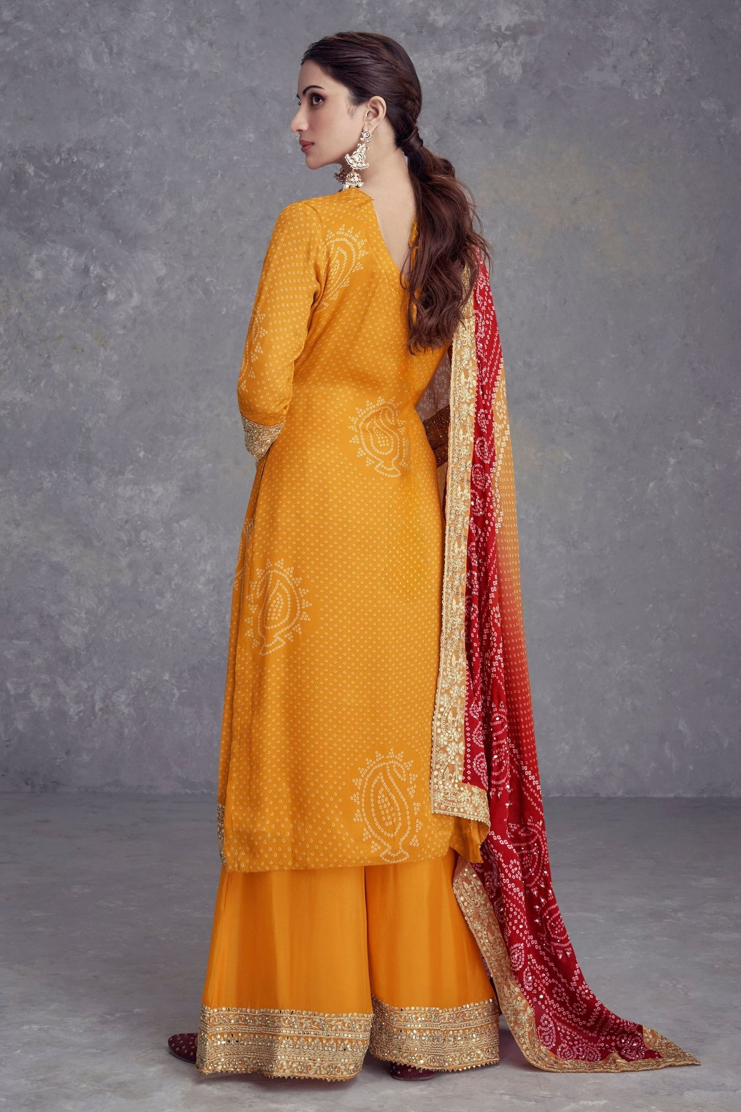 Yellow Chinon Silk Palazzo Suit  - Embroidery Work, Mirror Work, Print Work