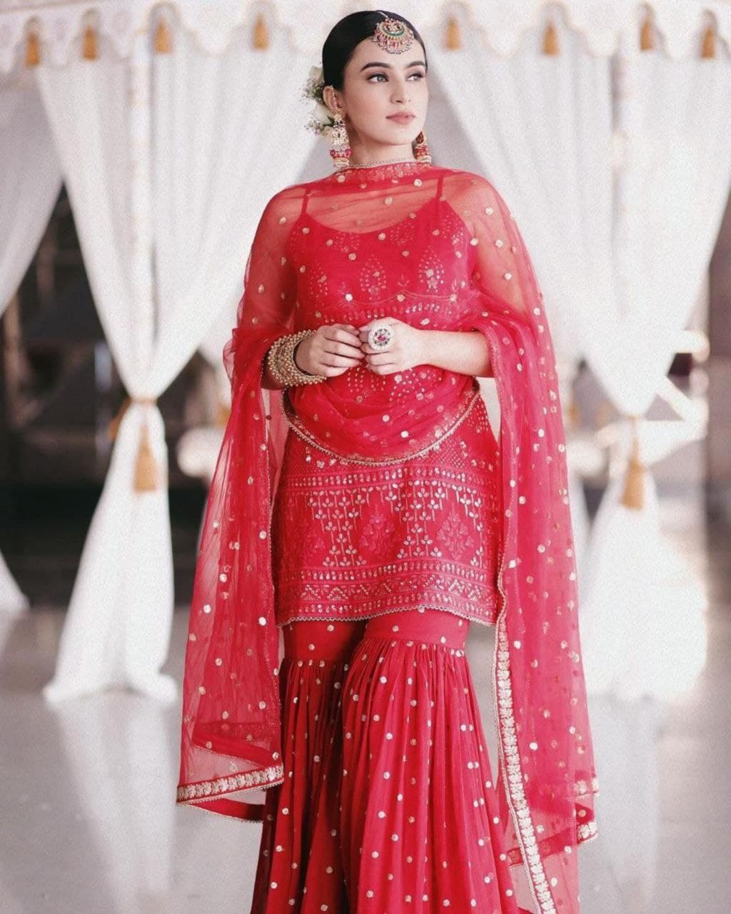 Red Georgette Embroidery Work Sharara Suit With Dupatta