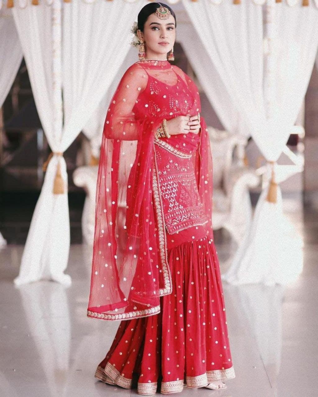 Red Georgette Embroidery Work Sharara Suit With Dupatta