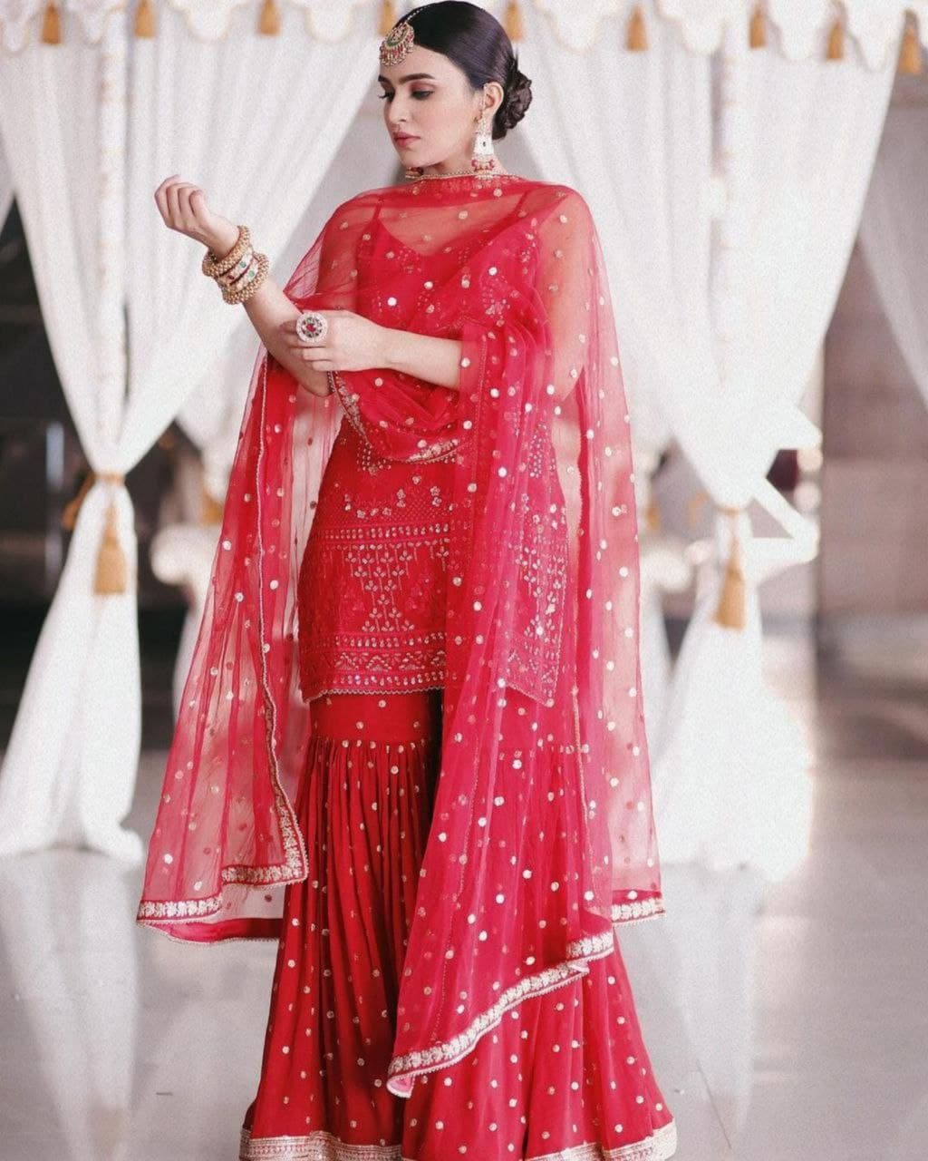 Red Georgette Embroidery Work Sharara Suit With Dupatta