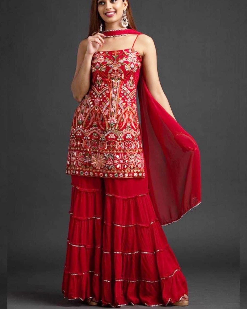 Mustard Yellow & Ruby Red Punjabi Sharara Suit With Dupatta