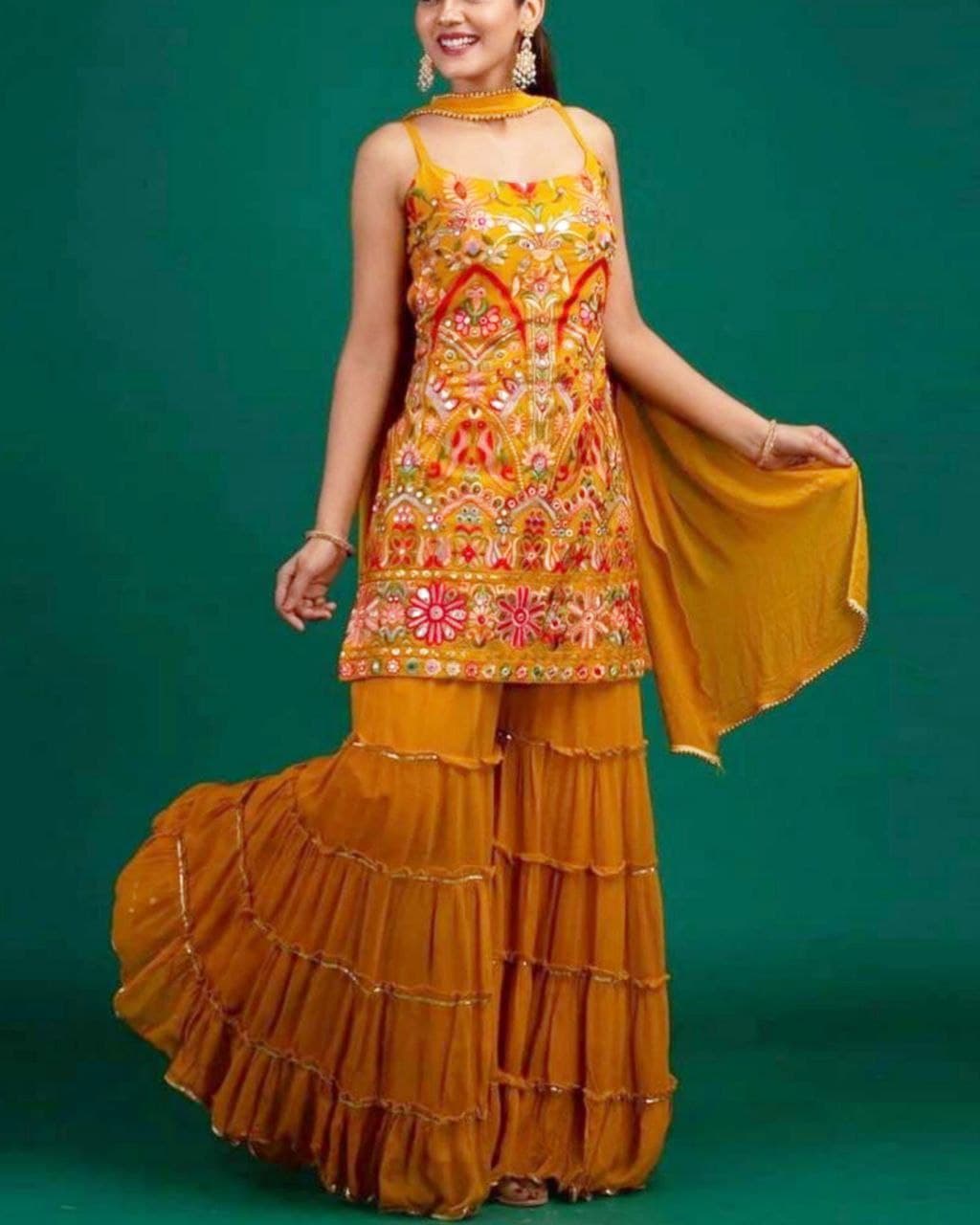 Mustard Yellow & Ruby Red Punjabi Sharara Suit With Dupatta
