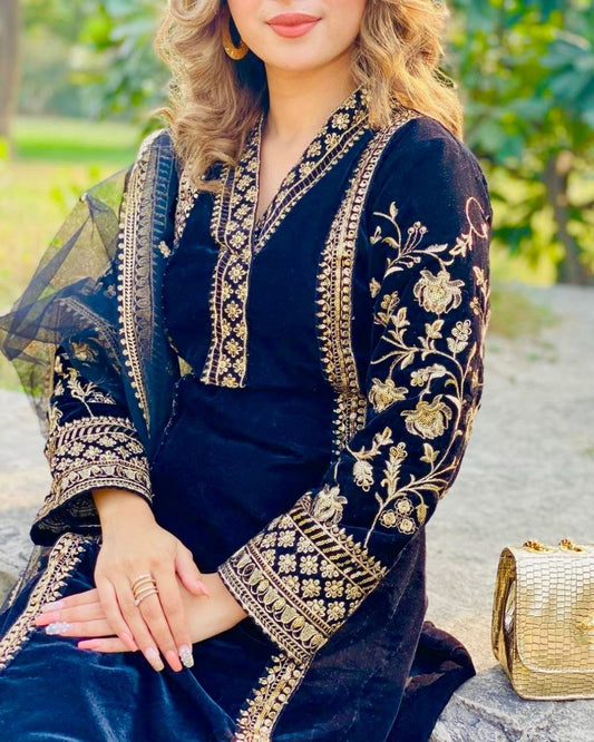 Blue Micro Velvet Embroidery Work Pant Suit With Dupatta