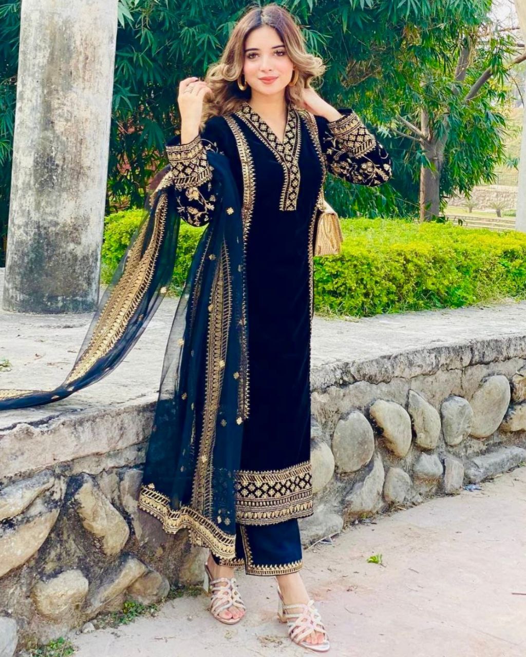 Blue Micro Velvet Embroidery Work Pant Suit With Dupatta