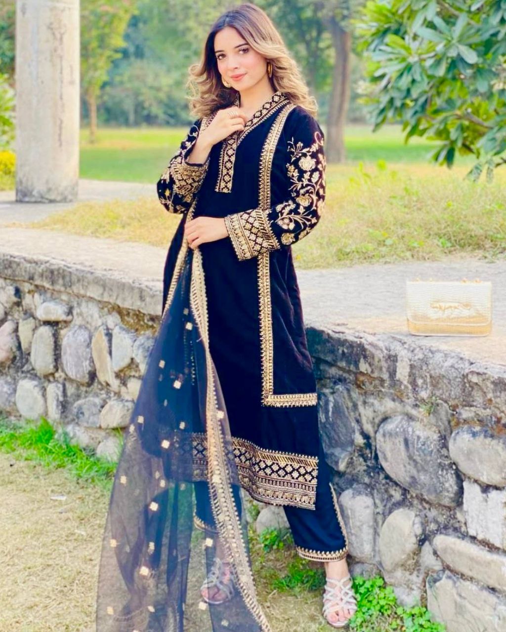Blue Micro Velvet Embroidery Work Pant Suit With Dupatta