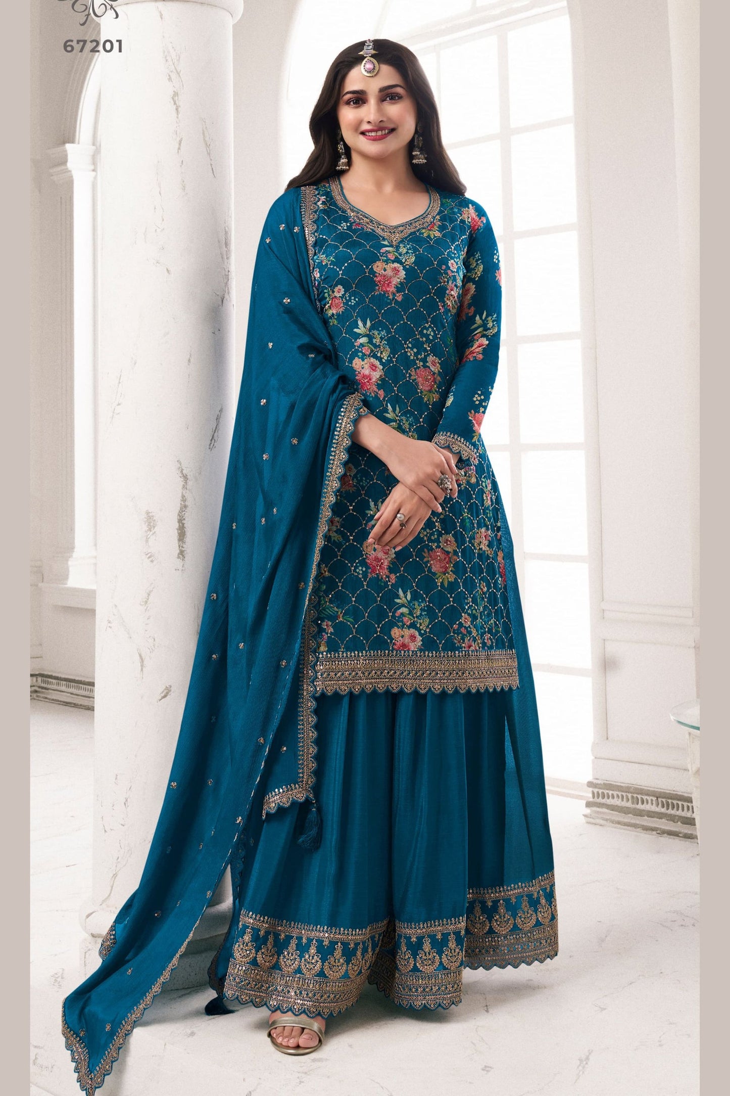 Teal Blue Chinon Silk  Floral Plazzo Suit
