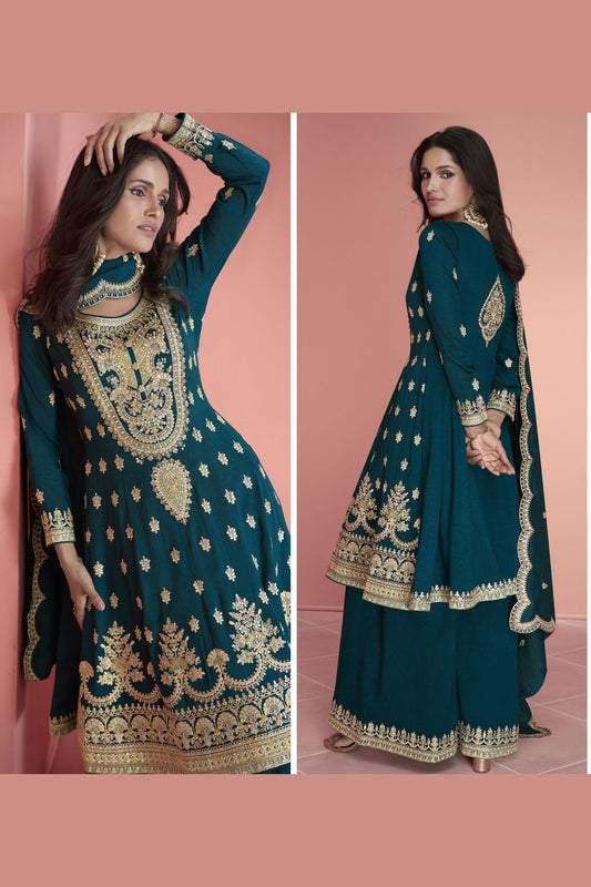Teal Silk Plazzo Suit