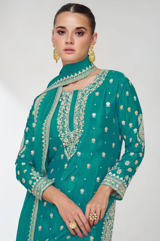 Turquoise Chinon Silk Sharara With Kameez