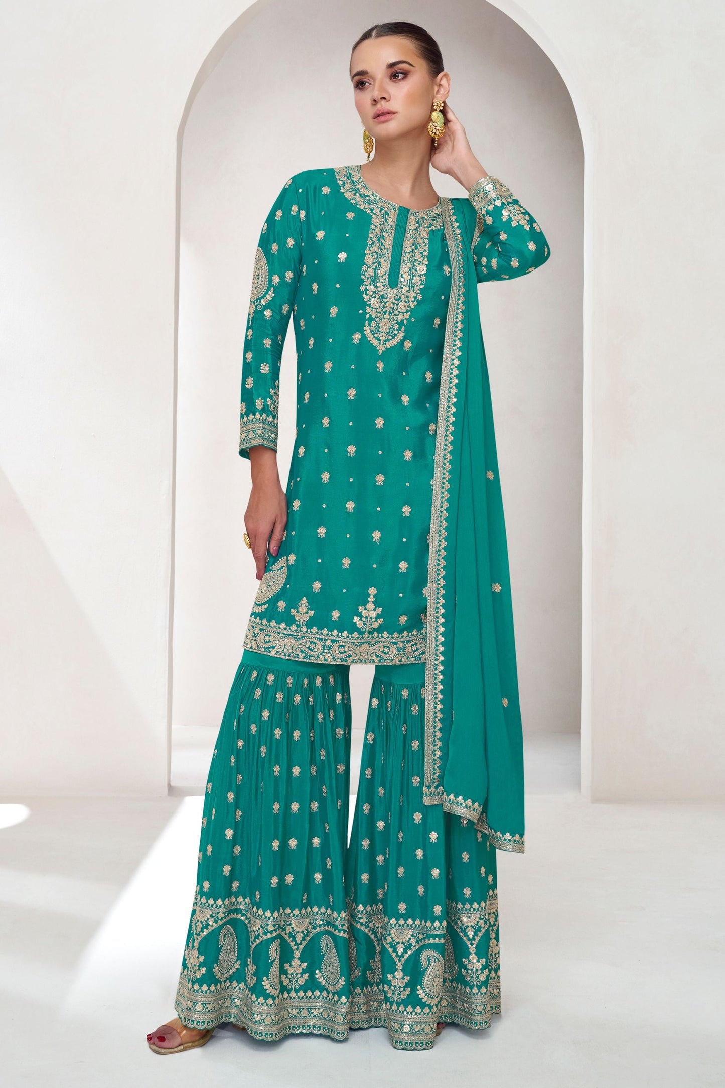 Turquoise Chinon Silk Sharara With Kameez